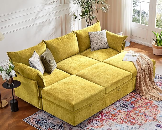 102.6" U Shaped Modular Sectional Sofa, 5 Seater Couch with Storage Ottoman Deep Seat and High Backrest with Removable Cover for Living Room, Apartment - Chenille Yellow