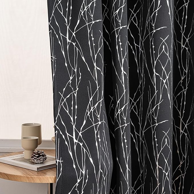 Grommets Blackout Long Window Curtains Black Silver-52W*84L 2PCS Drapes for Bedroom