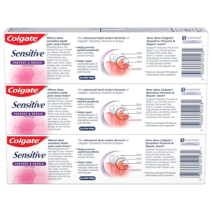 Colgate Sensitive Toothpaste with Whitening, Prevent and Repair, 6 Ounce, 3 Pack