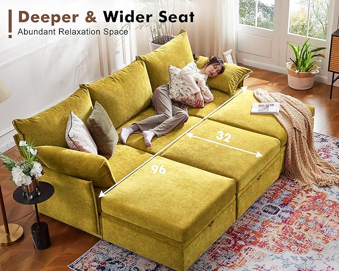 102.6" Luxury Modular Sleeper Sofa Bed 6 Seat Reversible Sectional Couch Deep Seat with Storage Chaises Removable Cover for Living Room, Apartment - Chenille Yellow
