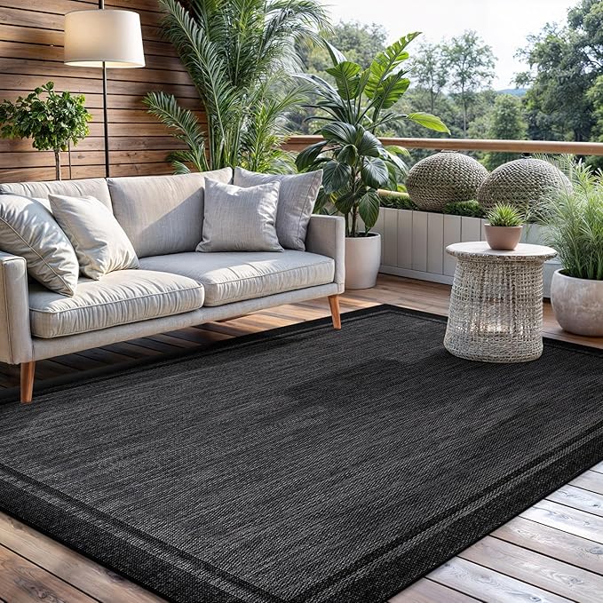 CAMILSON Indoor Outdoor Rug, 6x9 Bordered Dark Grey Black Modern Area Rugs for Indoor and Outdoor Patios, Kitchen and Hallway Mats, Washable Porch Deck Outside Carpet (Bordered Black, 6 x 9)