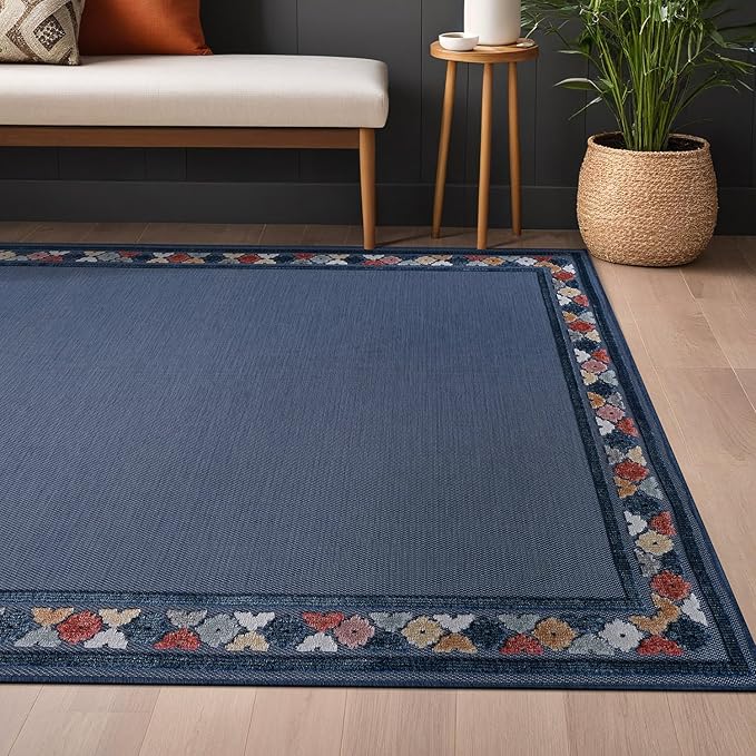 Beverly Rug Outdoor Rug 6x9 Modern Bordered Area Rugs for Indoor and Outdoor Patio Easy to Clean Non Shedding Living Room Porch Garden Washable Outside Carpet (6 x 9 Blue)