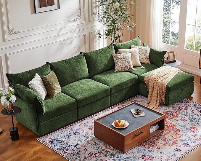 134.6" Oversized Modular Sectional Sofa, 6 Seater U Shaped Couch with Storage Ottoman with Reversible Chaise Deep Seat for Living Room, Apartment - Chenille Green