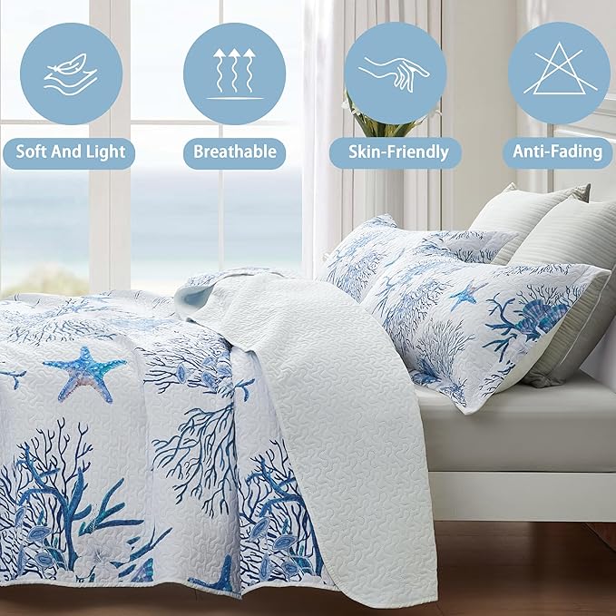 Coastal Bedding King Size Coastal Quilt with Sham, Nautical Beach Comforter Sets Ocean Bedspreads Blue Starfish Coverlet Summer Bedding, 68''x86''