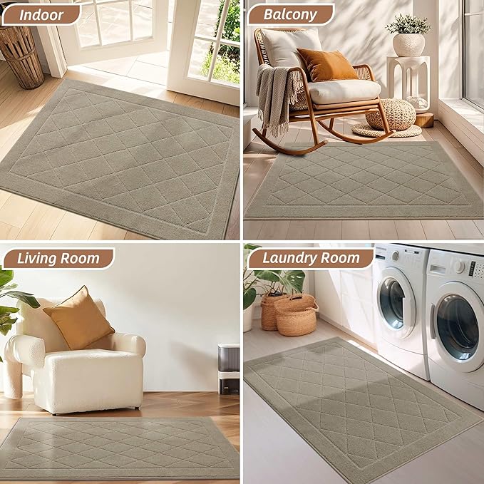 BEQHAUSE Dirt Trapper Door Mat 20" x 32", Doormat Non-Slip Entryway Rugs Washable, Dog Door Mat Stain Resistant and Absorbent Welcome Floor Mat for Front Back Door, Muddy Wet Shoes & Paws, Beige