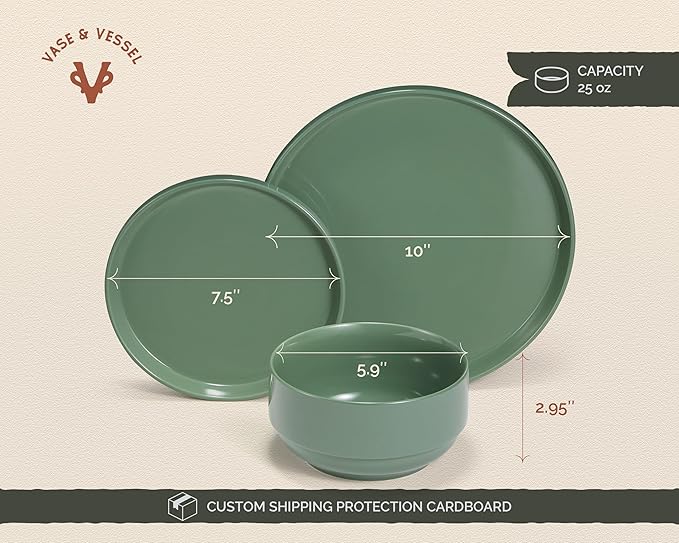 Ceramic Dinnerware Set, 12-Piece Service for 4, Round, Microwave and Dishwasher Safe, Cambridge Classics (Dusty Jade)