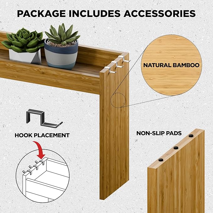 Edgecrest Bamboo Over The Stove or Sink Modern Spice Shelf, No Annoying Middle Screw, 31.5ā Wide Storage, 11.4ā High Countertop Shelf, 6 Side Hooks, Easy to Assemble, Eco-Friendly Durable Material