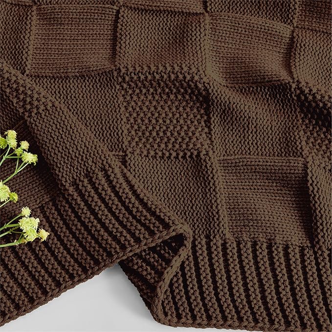 CozeCube Check Knit Throw Blanket, Dark Brown Checkered Throw for Couch, Decorative Christmas Soft Cozy Warm Knitted Blanket for Bed Sofa Living Room, 60"X80"