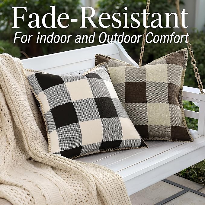 decorUhome Buffalo Plaid Check Throw Pillow Covers 20x20 Set of 2, Outdoor Decorative Farmhouse Neutral Pillow Covers with Stitched Edge for Bed Couch Sofa, Black and White