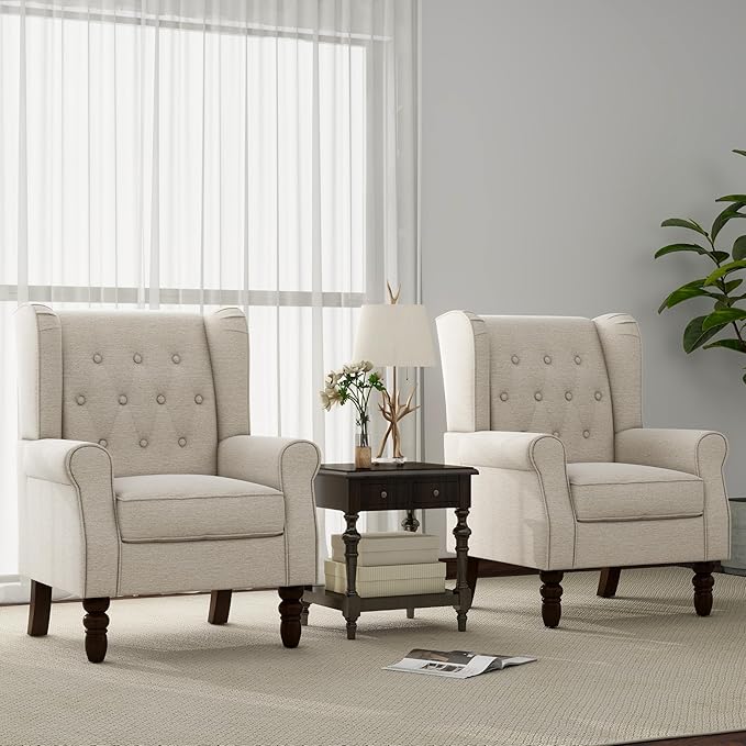 Accent Chair, Upholstered Armchair with Button Tufted High Back & Solid Wood Legs, Comfy Wingback Reading Single Sofa Chair for Small Spaces, Living Room, Bedroom