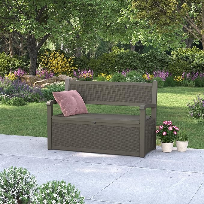 70 Gallon Deck Bench with Storage,Outdoor Storage Box Bench Waterproof&Lockable, Resin Patio Furniture with Armrest for Patio, Porch, Garden,Grey
