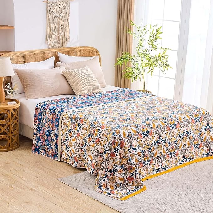 Boho Blanket Throw Quilt, 100% Cotton Soft Light Weight Throw Blankets for Summer, 80"x90" Farmhouse Flower Decorative Blankets, All Season Rustic Reversible Bohemian Throw Quilt