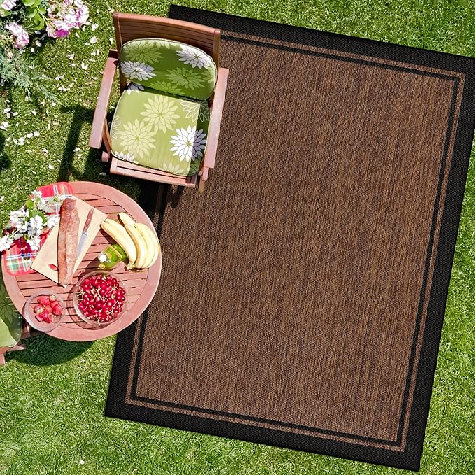 CAMILSON Indoor Outdoor Rug, 10x14 Bordered Nut Brown Black Modern Area Rugs for Indoor and Outdoor Patios, Kitchen and Hallway Mats, Washable Porch Deck Outside Carpet (Border Nut Brown Black 10 x14)