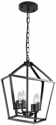 4-Light Lantern Pendant Light,Modern Industrial Black Cage Farmhouse Chandelier for Kitchen Island,12'' Rustic Metal Hanging Lighting Fixture for Dining Room Bedroom Foyer Entry Porch