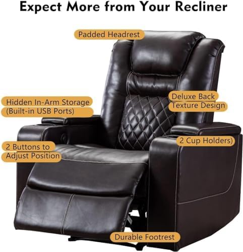 CANMOV Electric Power Recliner Chair Set of 3, Breathable Leather Home Theater Seating with Hidden Arm Storage, Power Recliner Chair with USB Ports and Cup Holders for Living Room,Brown