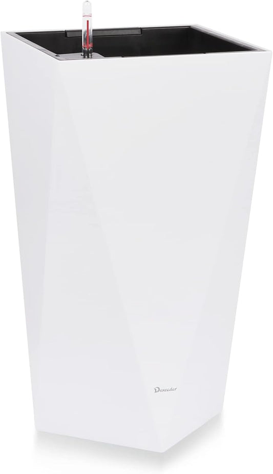 Dexceder 20 Inches Tall Self Watering Planter Diamond High Gloss Indoor Outdoor, Thickened Rhombus Large Floor Standing Flower Plant Pot with Water Level Indicator (White)