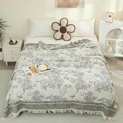 Boho Muslin Blanket for Adults 4-Layer Gauze Twin Size Soft Cozy 100% Cotton Summer Cooling Blanket Floral Decor for Sofa Bed Coverlet Both Sides (Tassels Floral Grey, Twin 60 x 80 in)