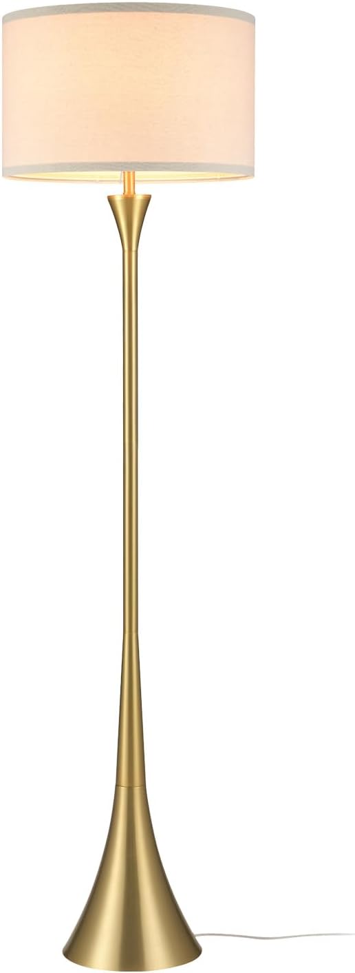 GLOBE Electric 61000150 60" Floor Lamp, Antique Brass Finish, Beige Fabric Shade, Mid-Century Modern Standing Lamp, E26 Base, Sustainable Design for Living Rooms and Bedrooms