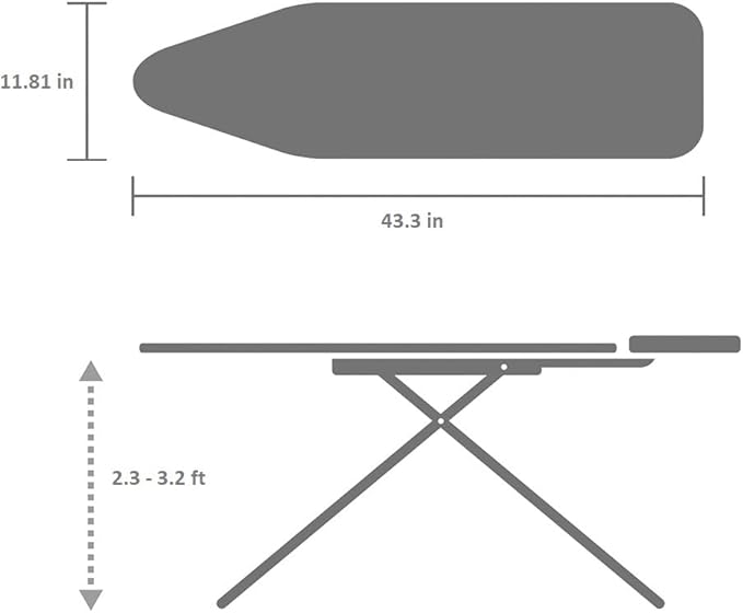 Brabantia Size A Compact Small Ironing Board (43x12 in) 7 Height Options, Adjustable Steam Iron Rest Holder (Denim Black) Non-Slip Feet, Anti-Collapse Child Locks