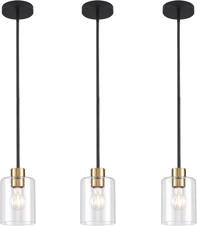 Black Brass Pendant Lights Kitchen Island - Clear Glass Pendant Light Fixture Multiple Stems Rods 3 Units 12 Inch 3 Units 4 Inch (3 Pack Black Brass Downrod)