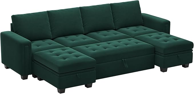 Belffin Modular Sectional Sleeper Sofa with Pull Out Bed Velvet Convertible U Shaped Sectional Sofa Couch with Storage Chaises for Living Room Green