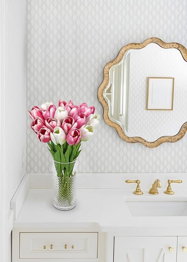 Artificial Tulips Flowers – 24" Long Stem Faux Tulips, 7PCS Real Touch Fake White Tulip for Vase, Farmhouse, Kitchen, Spring & Wedding Home Decor