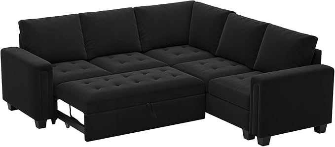 Belffin Modular Sectional Sleeper Sofa with Pull Out Couch Bed Velvet Convertible L Shaped Sectional Couch for Living Room Apartment Black