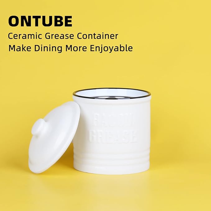 Ceramic Bacon Grease Container Keeper with Strainer,1L Frying Oil Storage Can White