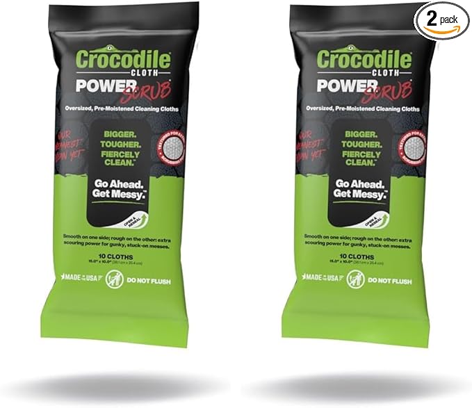 Crocodile Cloth PowerScrub - 10 Dual Surfaced Cloths, 10in X 15in. Large, Moist, Absorbent and Disposable Cleaning Cloths. Safe on Skin and Multiple Surfaces (Pack of 2)
