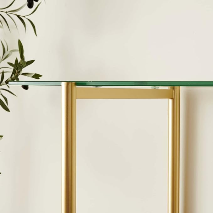Glass Console Table for Living Room, Foyer & Entrance, 2-Tiers Mid-Century Modern Sofa Table with Clear Glass Top, Walnut Finish Wood Top and Gold Finish Metal Frame