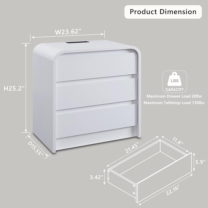 25" Tall Modern Nightstand Set of 2, 23.6" Wide Wood Bedside Table with Charging Station, 3 Storage Drawers Side Table w/Curved Profile Design, End Table for Bedroom, White