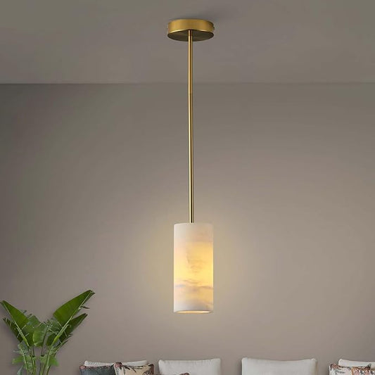 Alabaster Pendant Light Kitchen Island, H-9.5in Brass Pendant Light Fixtures with Natural Marble Shade, Adjustable Ceiling Pendant for Dining Room, Living Room, Bedroom & Bathroom