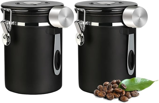 Coffee Canister Airtight Coffee Storage Container Stainless Steel Air Tight Coffee Jar with Scoop, Date Tracker and CO2 Release Valve for Beans, Ground, Tea, Flour, Cereal and Sugar (2pcs-Black-1.8L)