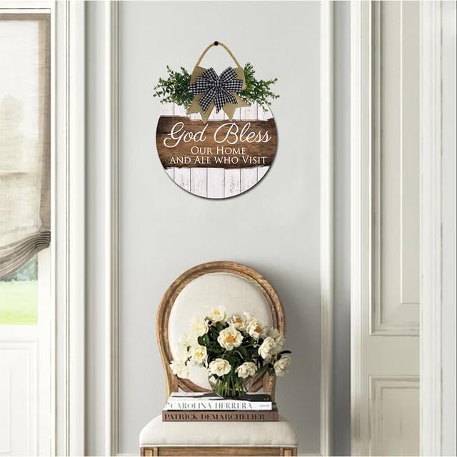FemiaD God Bless This Home and All Who Enter Sign for Front Door Funny Wreaths Hanging Wooden Plaque Decoration Round Rustic Wood Farmhouse Porch Decor for Home Front Door Decor 11inch