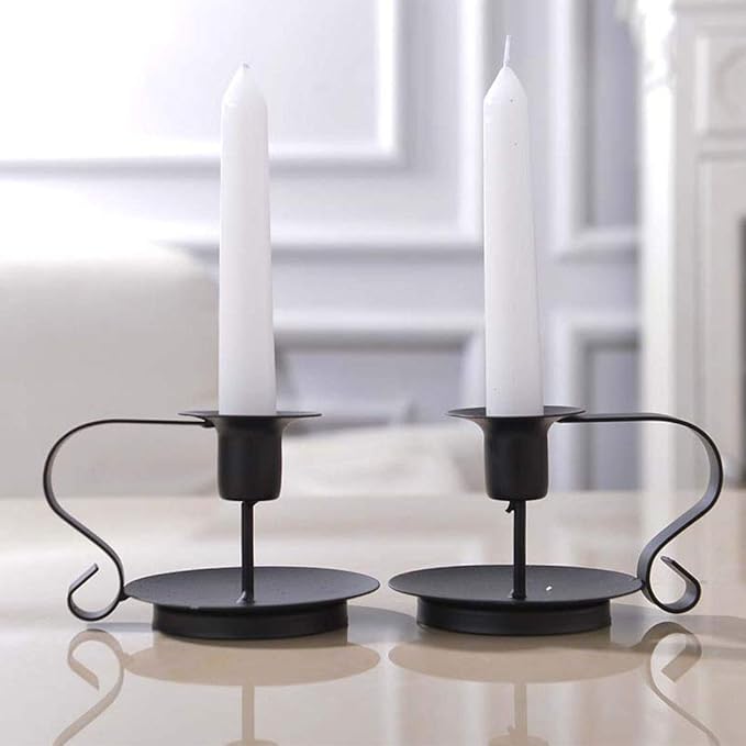 Black Metal Taper Candle Holders Set of 2, Vintage Chamberstick Candle Holder with Handle for Taper Candles, Farmhouse Rustic Candle Holders for Table Decor, Halloween Christmas Decoration