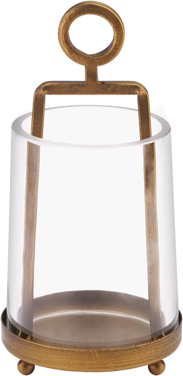 3'3" Wide Modern Metal Hurricane Lantern with Handmade Sturdy Glass Sleeve in Brass for Tealight Candle & Plants, Farmhouse Hurricane Industrial, Minimalistic, Shabby Chic (1, Brass, 3.3"x5.2")