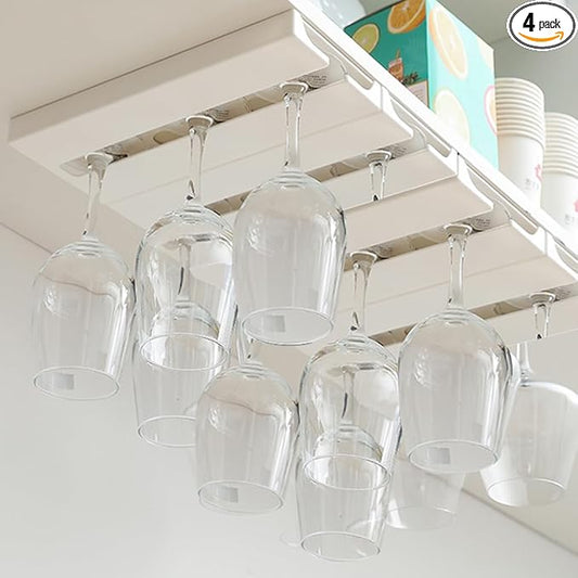 4 Pcs Wine Glass Holder Under Shelf or Cabinet Punch-free,Stemware Rack Glassware Drying Storage Hanger for Kitchen,Bar and Restaurant (White) ﻿