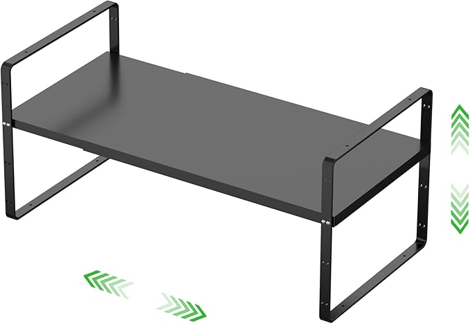Expandable Cabinet Storage Shelf, Stackable Organizer Rack for Kitchen Bathroom Pantry Spice Cupboard Countertop Home Office Desk, Heavy Duty, Black Large 1 PACK, 10.2 Inch Depth