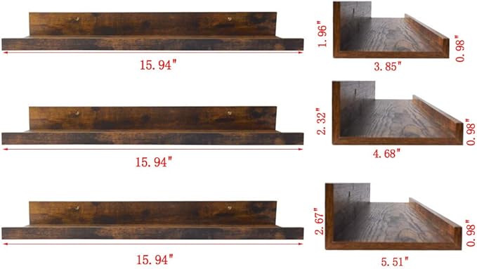 Giftgarden 16 Inch Floating Shelves for Wall Set of 3, Rustic Wall Mounted Picture Ledge Wooden Wall Shelf for Living Room Bedroom Kitchen Bathroom, 3 Different Sizes