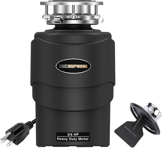 Garbage Disposal 3/4 HP Ultra Quiet powerful grinding Kitchen Food Waste Disposer with Power Cord Easy install, AC Motor Unit Continuous Feed Stainless Steel Grind 0.75 Horsepower (MAX-5)