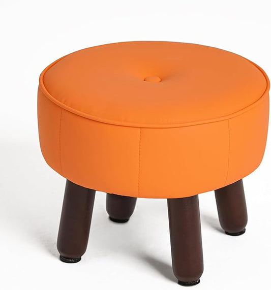 13in Small Foot Stool Ottoman, Round Faux Leather Foot Rest for Couch, Under Desk Pouf Footstool Footrest with Non-Skid Rubber Legs for Ling Room, Bedroom, 13''L x 13''W x 10.2''H, Orange