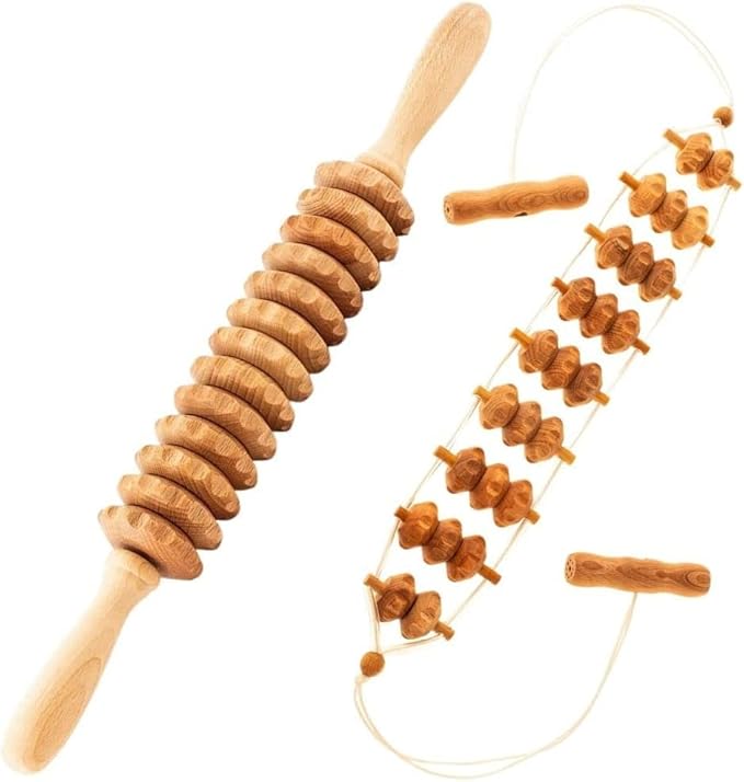 2 Pcs Wooden Sturdy Lymphatic Drainage Roller & Back Massager with Ropes, Maderotherapy, Body Sculpting- Recommended by Professionals (Roller & Massager)