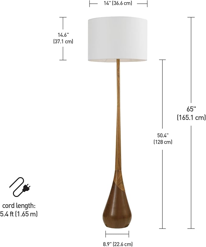 GLOBE Electric Novogratz x Harrington 65" Floor Lamp, 2-Tone Faux Wood Base, White Fabric Shade, Socket Rotary Switch 67225