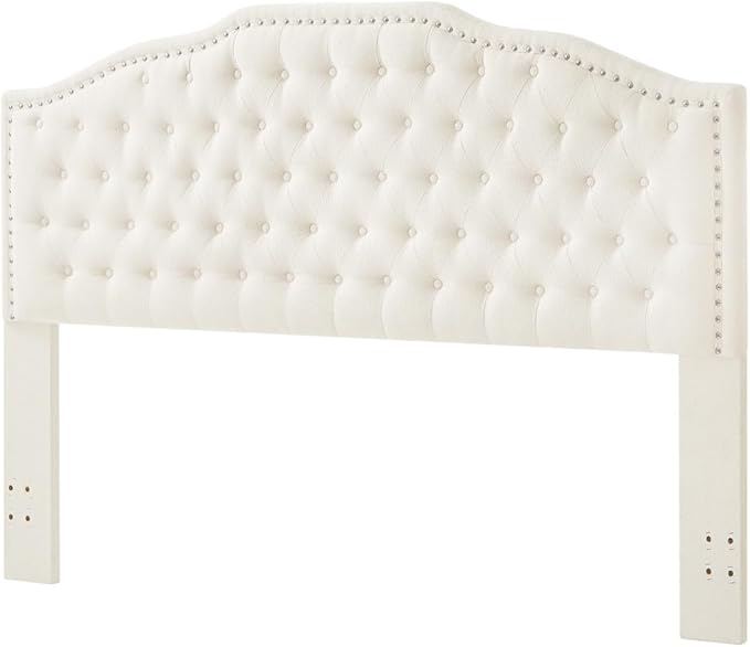 24KF Upholstered Button Tufted King Size Headboard with Nailhead Trim, Elegant Boucle Fabric California King headboard, 6031-K-Boucle-Ivory