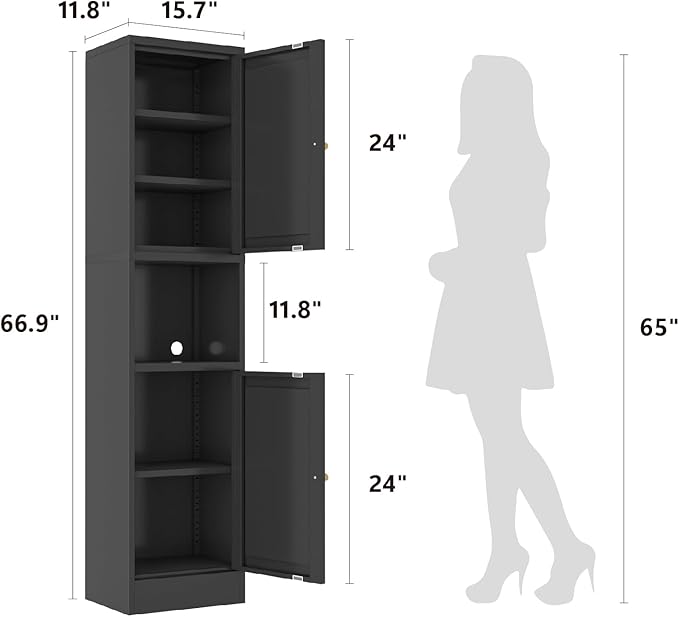 67" Tall Bathroom Storage Cabinet, Narrow Metal Floor Cabinet with 2 Doors and Adjustable Shelves, Freestanding Metal Locker for Laundry, Kitchen, Dining Room