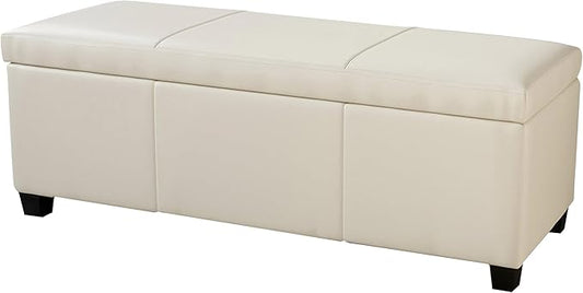 BELLEZE 47 Inch Storage Ottoman, Faux Leather Storage Bench Bedroom Bench with Safety Close Hinge, Ottoman with Storage for Living Room, Entryway, Hallway, Foot Rest, Support 300lbs - Cream