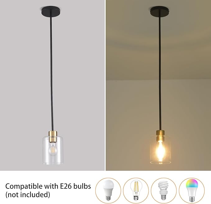 Black Brass Pendant Lights Kitchen Island - Clear Glass Pendant Light Fixture Multiple Stems Rods 3 Units 12 Inch 3 Units 4 Inch (1 Pack Black Brass Downrod)