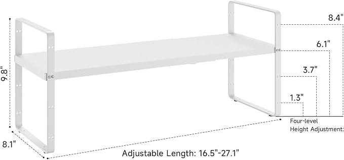 16.5~27.1" Expandable Shelf Organizer, 2Pack 8.1" Wide Stackable Cabinet Shelf Organizers, White Metal Sturdy Kitchen Counter Storage for Countertop, Adjustable Height Spice Rack