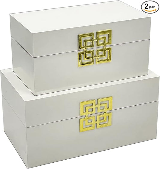 Galt International Large & Small Decorative Storage Box w/Hinged Lid - Classic Design Wood Decor Boxes with Geometric Opening Clasp - Home & Office Storage - Set of 2 (White + Gold)