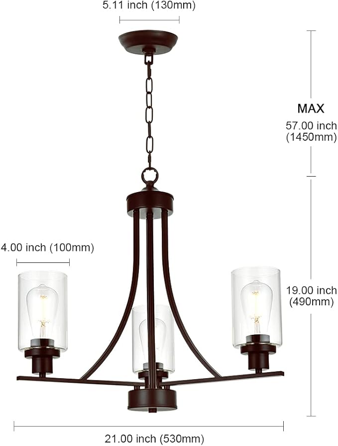 BONLICHT 3 Lights Oil-Rubbed Bronze Traditional Chandelier Rustic Kitchen Island Lighting Fixtures Hanging Clear Glass Cylinder Pendant Lights Classic Ceiling Light for Dining Room Bedroom Foyer